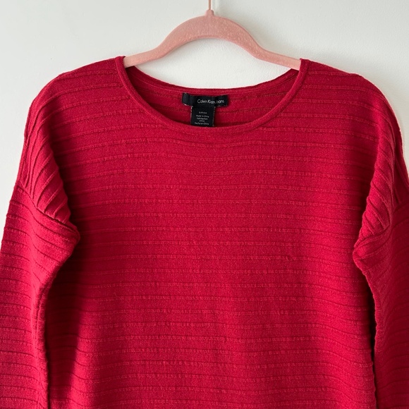 Calvin Klein Red Wool Blend Ribbed Crewneck Sweater - Picture 2 of 16